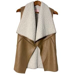 Wishful Thinking Faux Suede Sherpa Vest Shawl Collar Size Small Tan Cream